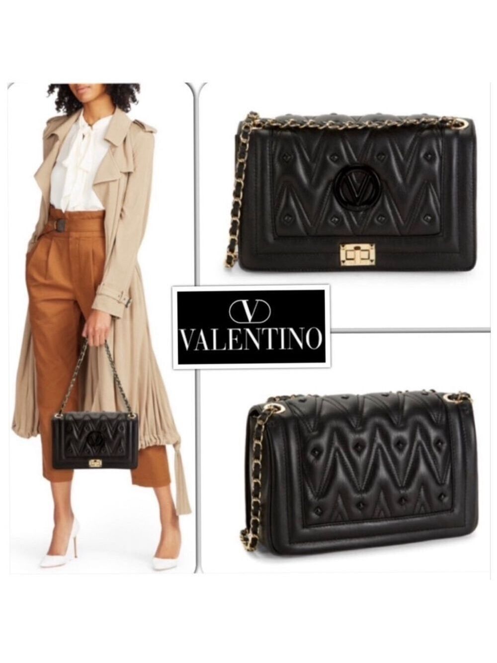 Valentino Authentic Quient Luxury Quilted Leather Gold Chain Turn Lock Crossbody